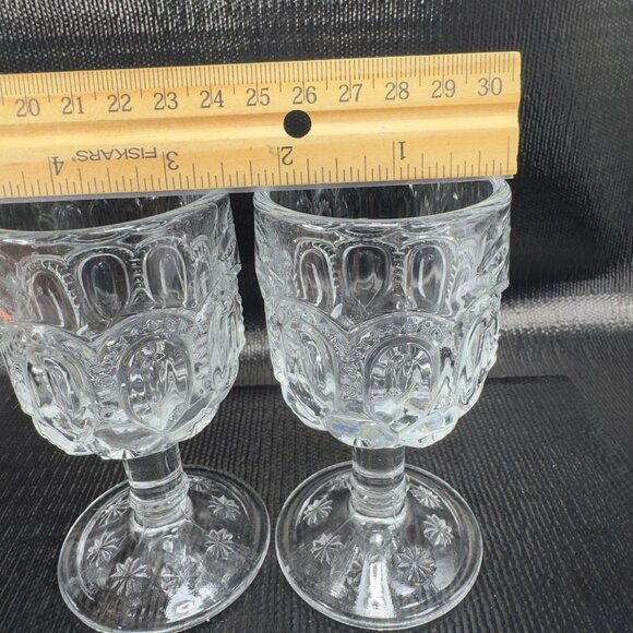 Antique Moon and Stars Palace Clear Goblet Cups Stems Set 2 Manganese 365nm UV - Picture 4 of 11